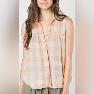 Free People Hey There Sunrise Peach Check Sleeveless Blouse